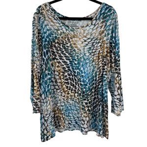 Investments Essentials Blouse 3X Blue Brown Animal Print Tunic